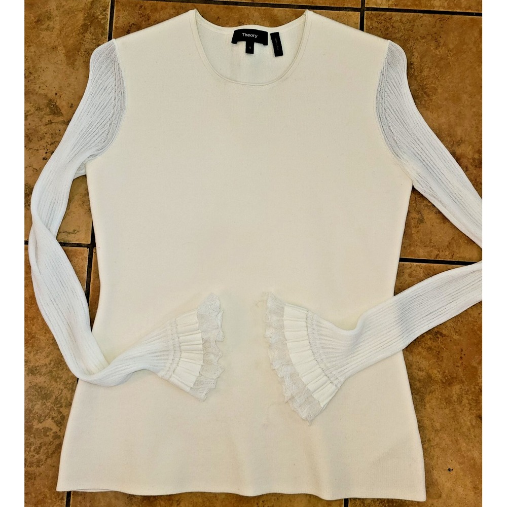 Theory Tunic Sweater Cream Long Shear Ruffle Cuff Sleeve Knit Pullover Size S - Picture 6 of 9